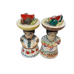 Vntg Mexican Pottery Stayym Cuernayaca Salt & Pepper Shakers Fruit on Head Women